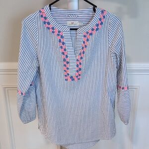 Vineyard Vines XS Blue Striped Blouse with Pink Embroidery